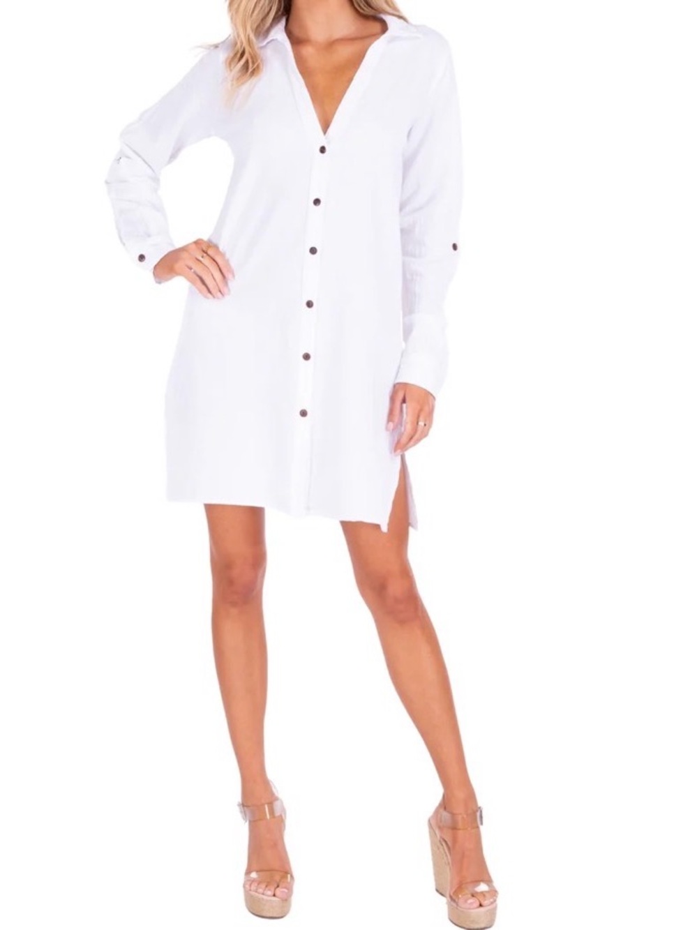White Button-Front Swim Coverup Shirt Dress 100% Cotton